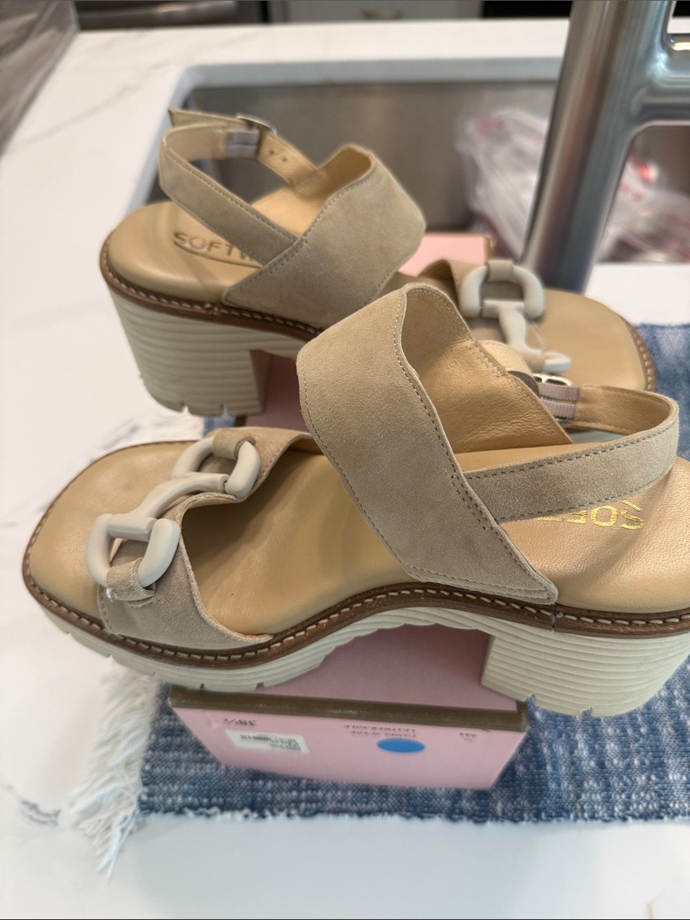 Beige Suede Chain-Accent Block Heel Sandals